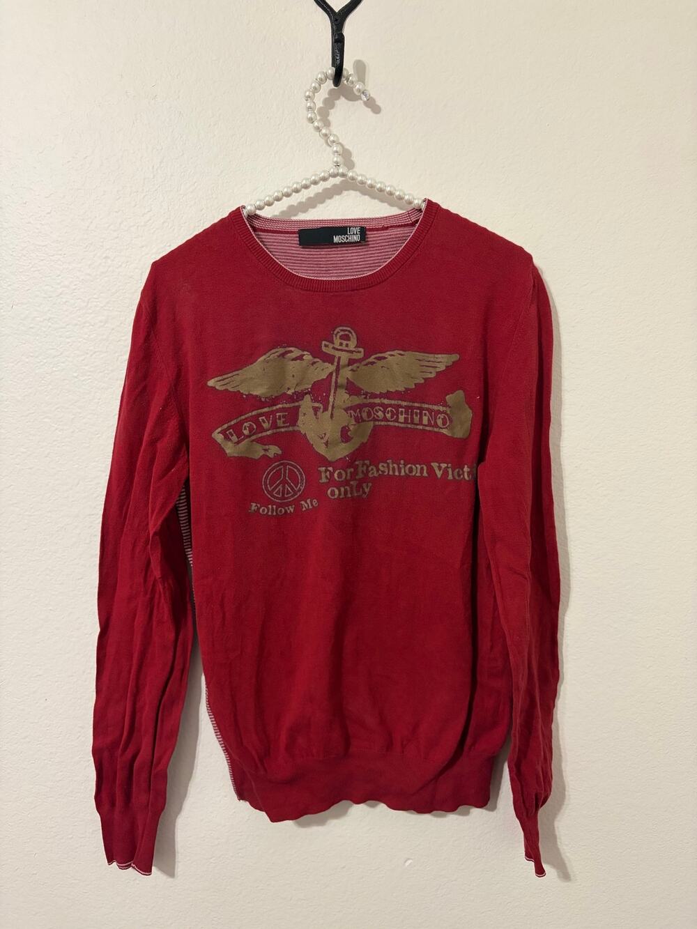 Moschino Sweater Women's Size XL Red Crewneck Pullover Jumper Luxe Designer Top